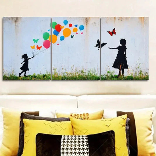 3pcs Little girl and butterfly balloon Wall Art Set Canvas Framed 40x60cm - High Quality Print 100% Australian Made Wall Canvas Ready to Hang