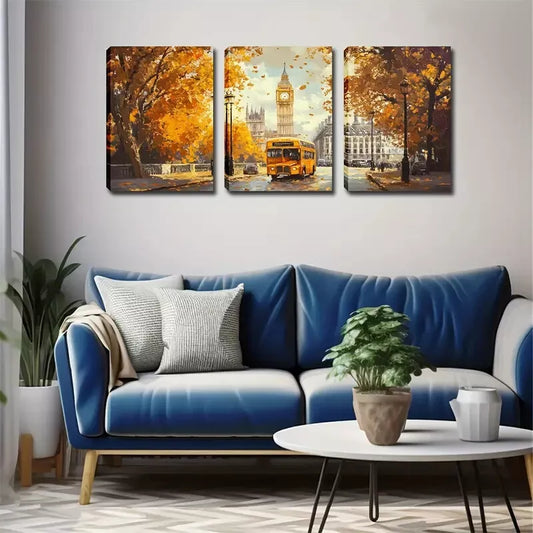 3pcs Refreshing, Autumn In London, Bus Wall Art Set Canvas Framed 40x60cm - High Quality Print 100% Australian Made Wall Canvas Ready to Hang