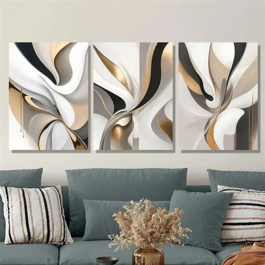 3pcs Golden & White Swirls, Light Luxury Wall Art Set Canvas Framed 40x60cm - High Quality Print 100% Australian Made Wall Canvas Ready to Hang