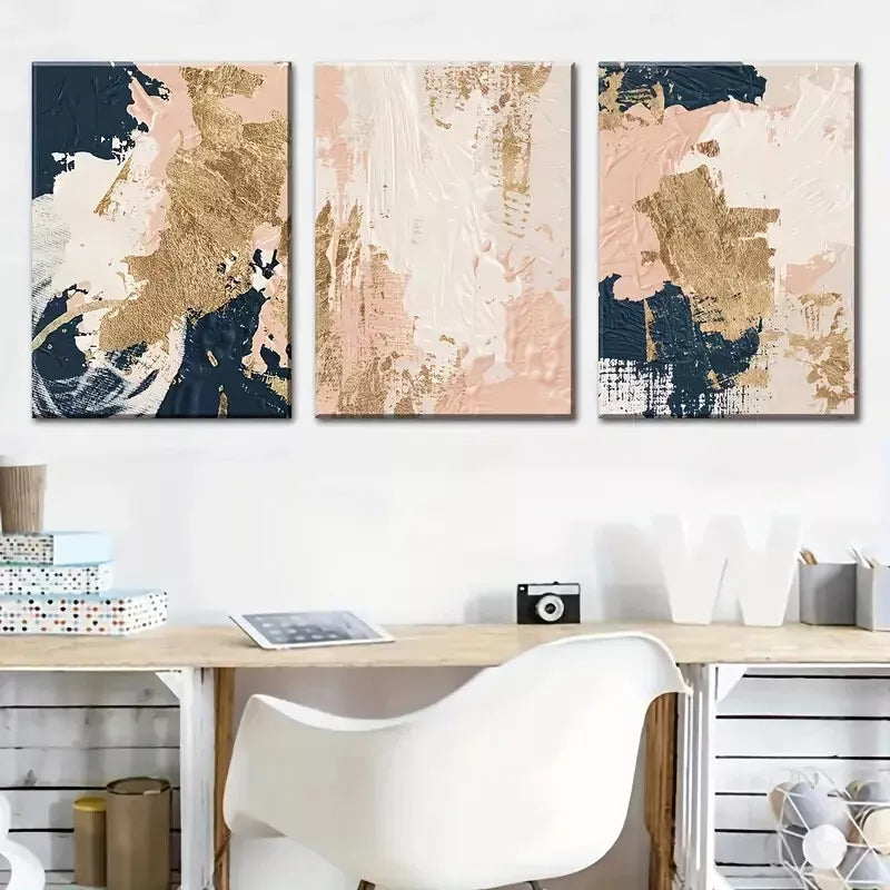 3pcs Modern abstract fashion Gold Pink Blue Wall Art Set Canvas Framed 40x60cm - High Quality Print 100% Australian Made Wall Canvas Ready to Hang