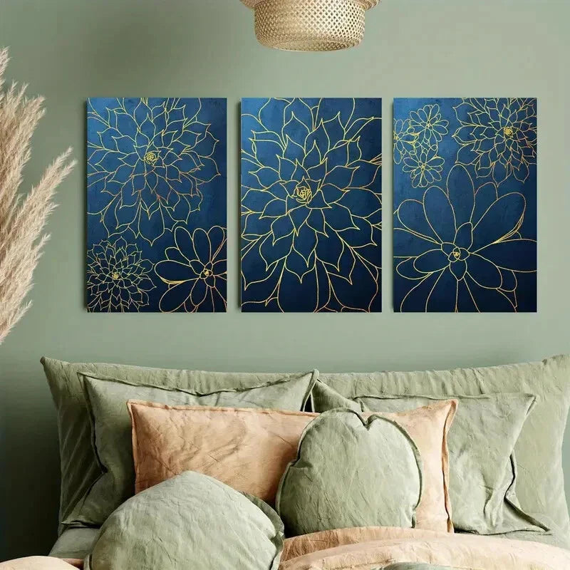 3pcs Golden & Blue Succulent Plant Patterns Metal Print Ready to Hang Art