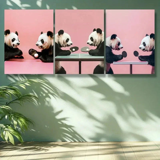 3pcs Table tennis panda Art Painting Metal Print Ready to Hang Art