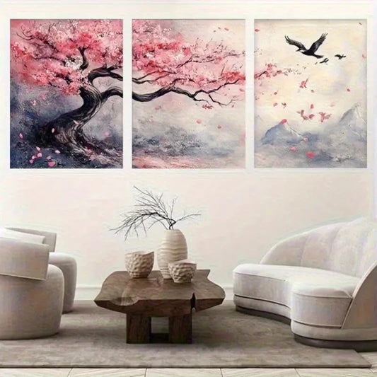 3pcs Cherry Blossom Tree And Flying Birds Metal Print Ready to Hang Art