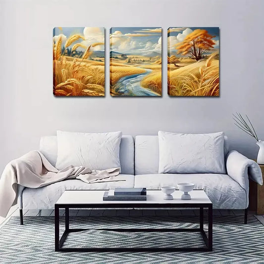 3pcs Vibrant Countryside Stream & Golden Wheat Wall Art Set Canvas Framed 40x60cm - High Quality Print 100% Australian Made Wall Canvas Ready to Hang