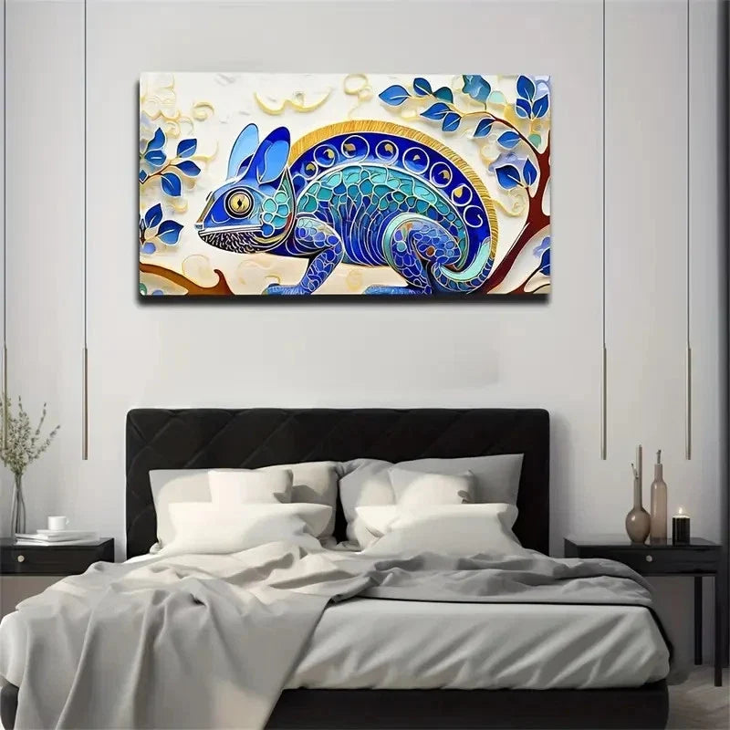 Vibrant Blue & Golden Leaf Wall Art Canvas Office Home Room Framed 80x45cm