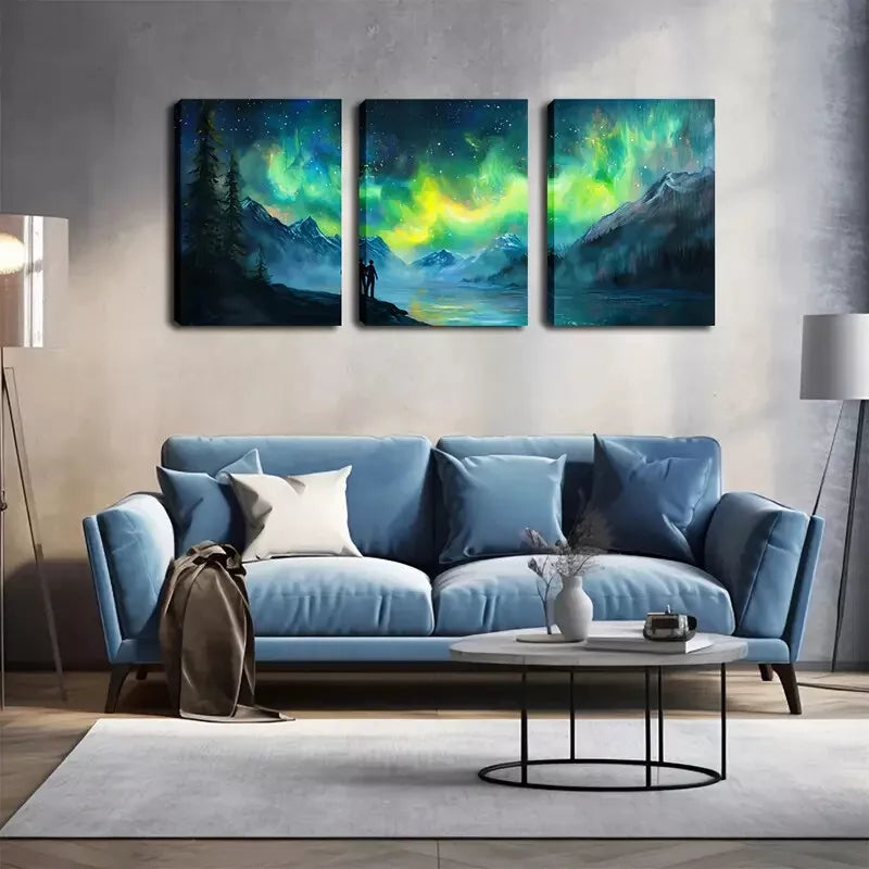 3pcs Northern Lights And Tiny People Wall Art Set Canvas Framed 40x60cm - High Quality Print 100% Australian Made Wall Canvas Ready to Hang