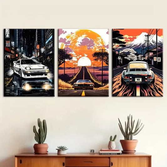 3pcs Cartoon Cars, Mountain Scenery, and City Wall Art Set Canvas Framed 40x60cm - High Quality Print 100% Australian Made Wall Canvas Ready to Hang