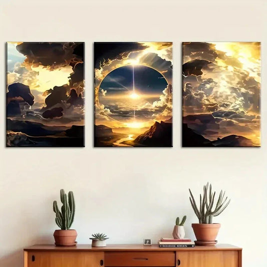 3pcs Vibrant Clouds & Mountain Landscape Metal Print Ready to Hang Art