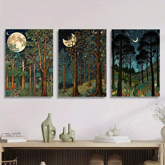 3pcs Moonlit Forest Landscape, Art, Metal Print Ready to Hang Art