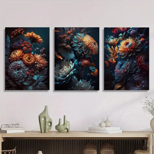 3pcs gorgeous chrysanthemums, colorful Metal Print Ready to Hang Art