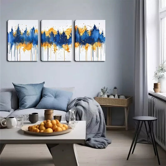 3pcs Vibrant Blue & Golden Tree Design Wall Art Set Canvas Framed 40x60cm - High Quality Print 100% Australian Made Wall Canvas Ready to Hang