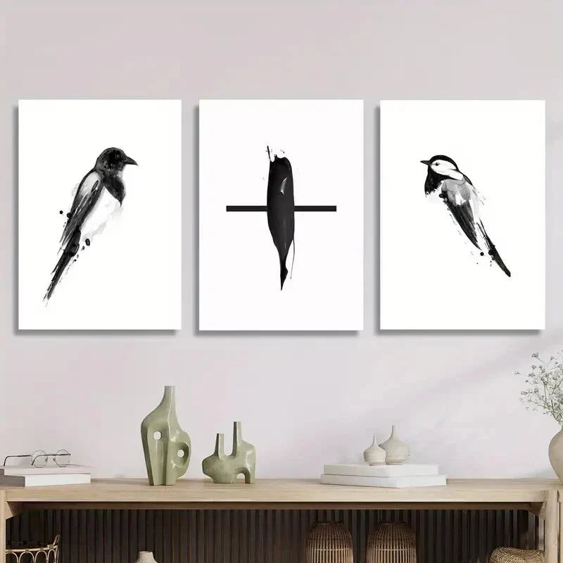 3pcs Black and White Magpie Chinese Pen Bird, Metal Print Ready to Hang Art