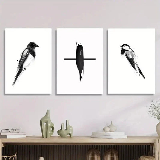 3pcs Black and White Magpie Chinese Pen Bird, Metal Print Ready to Hang Art