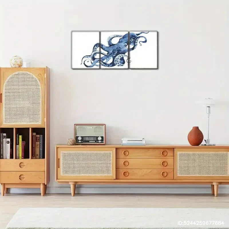 3pcs Blue Octopus Watercolor Octopus Classic Art Metal Print Ready to Hang Art