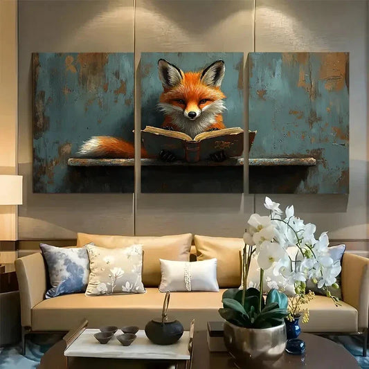 3pcs Whimsical Fox Reading Metal Print Ready to Hang Art