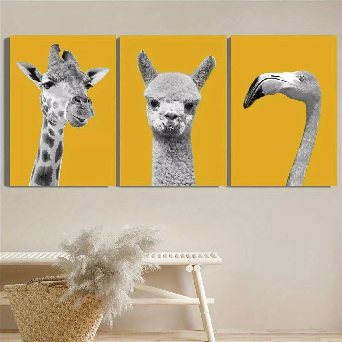 3pcs Giraffe Alpaca Flamingo Black and White Metal Print Ready to Hang Art