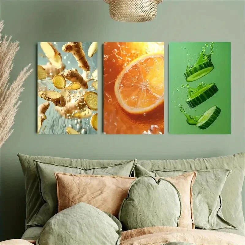 3pcs Ginger, Orange, and Cucumber splashes Metal Print Ready to Hang Art
