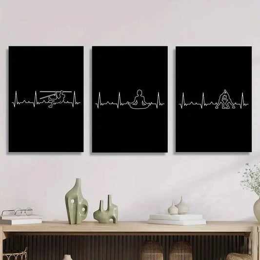 3pcs climbing, wrestling, yoga poses, simple EKG Metal Print Ready to Hang Art