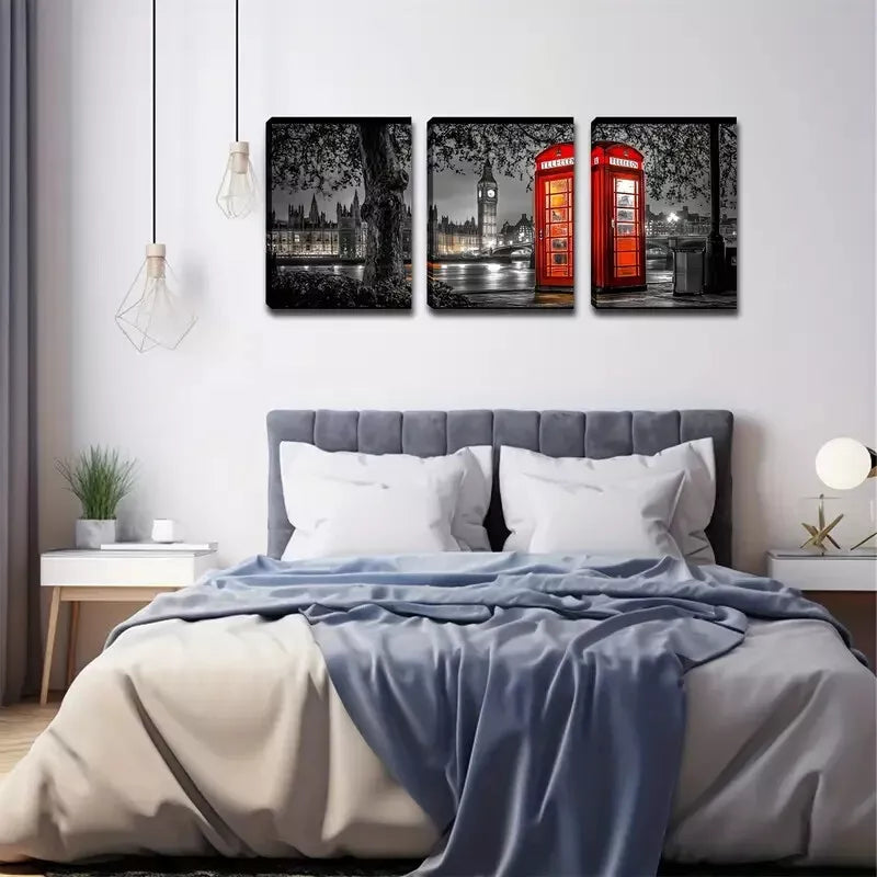 3pcs City Road Phone Booth At Night Wall Art Set Canvas Framed 40x60cm - High Quality Print 100% Australian Made Wall Canvas Ready to Hang