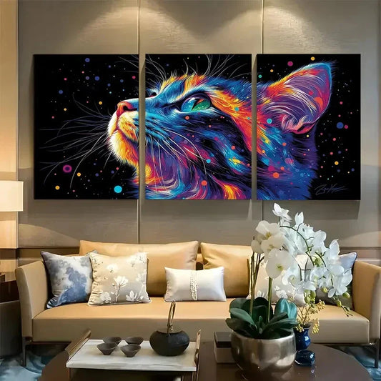 3pcs Vibrant Psychedelic Cat Design Metal Print Ready to Hang Art
