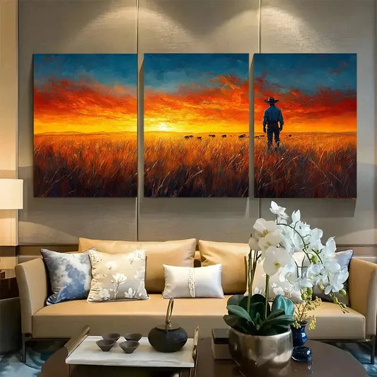 3pcs Cowboy Leading Cattle Across Golden Prairie Metal Print Ready to Hang Art