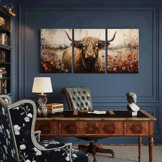 3pcs Scottish Highland Cow with Vibrant Flowers Metal Print Ready to Hang Art