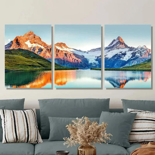 3pcs Painting of Mountains, Lake, Snow, Sunset Metal Print Ready to Hang Art