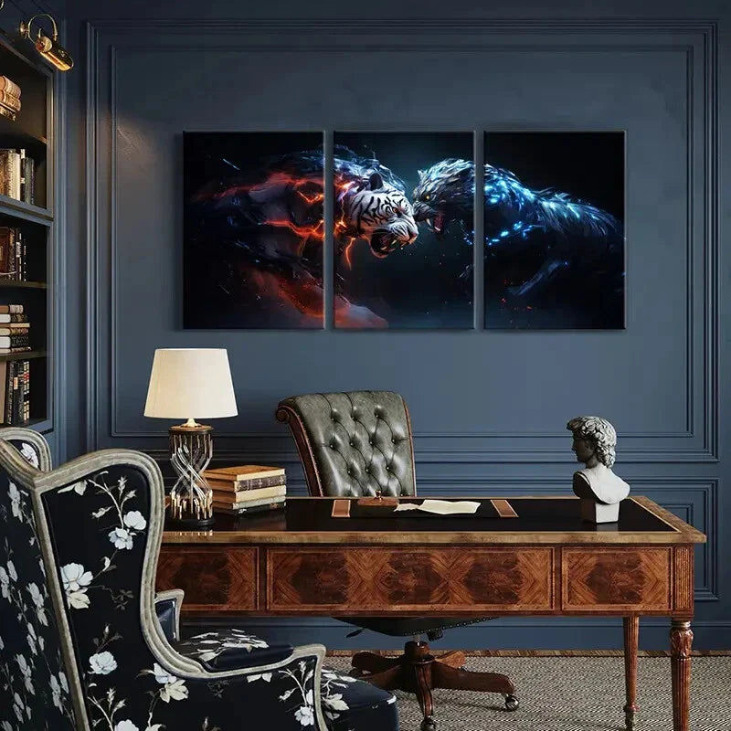 3pcs White Tiger Vs. Mechanical Tiger Metal Print Ready to Hang Art