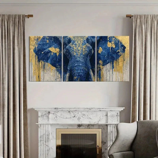 3pcs Blue Elephant Art Golden Accents Abstract Metal Print Ready to Hang Art