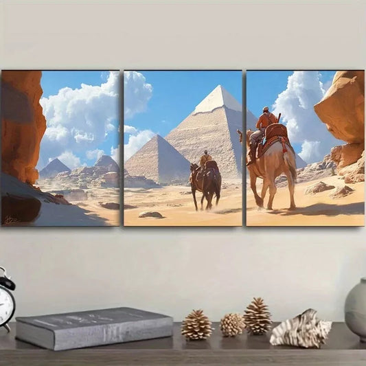 3pcs Camel Train Theme Pyramids Nature Wall Art Set Canvas Framed 40x60cm - High Quality Print 100% Australian Made Wall Canvas Ready to Hang