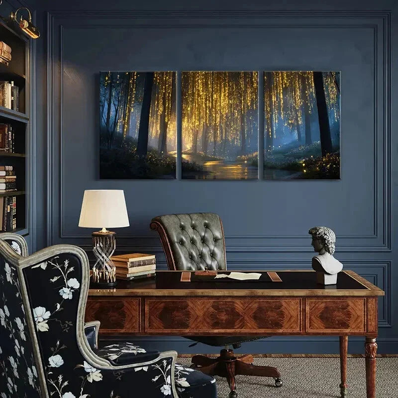3pcs Enchanted Forest Glow Mystical Night Scene Metal Print Ready to Hang Art
