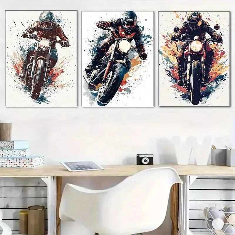 3pcs Vibrant An Energetic Motorcycle Rider Wall Art Set Canvas Framed 40x60cm - High Quality Print 100% Australian Made Wall Canvas Ready to Hang