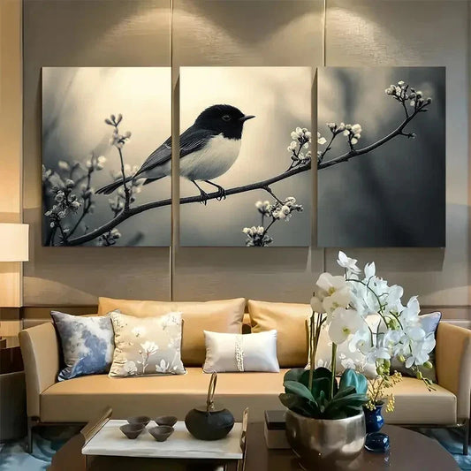 3pcs Bird Perched On Branch with Smoky Background Metal Print Ready to Hang Art