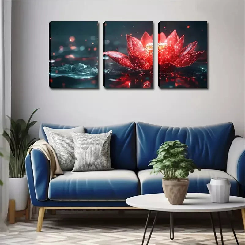 3pcs A Magic Red for Lotus Wall Art Set Canvas Framed 40x60cm - High Quality Print 100% Australian Made Wall Canvas Ready to Hang