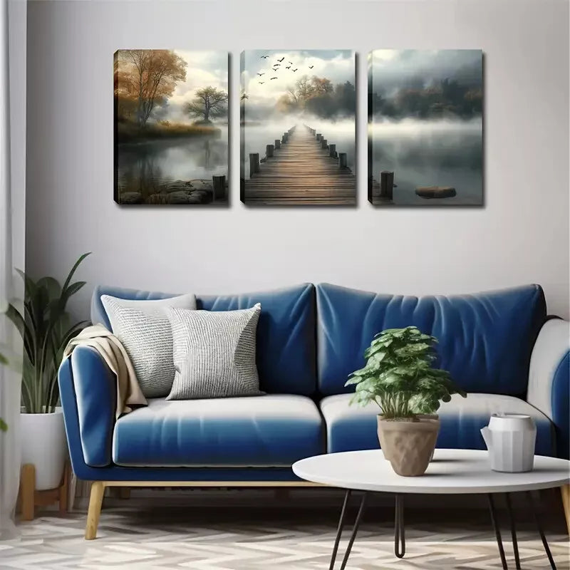 3pcs Serene Lake & Wooden Bridge Triptych Wall Art Set Canvas Framed 40x60cm - High Quality Print 100% Australian Made Wall Canvas Ready to Hang
