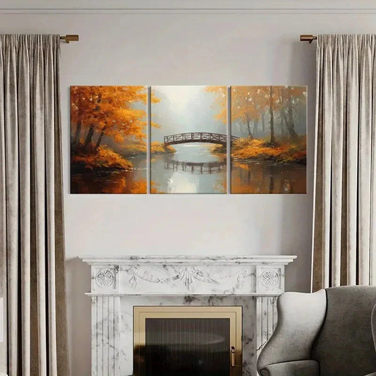 3pcs Serene River Autumn Forest Bridge Reflection Metal Print Ready to Hang Art