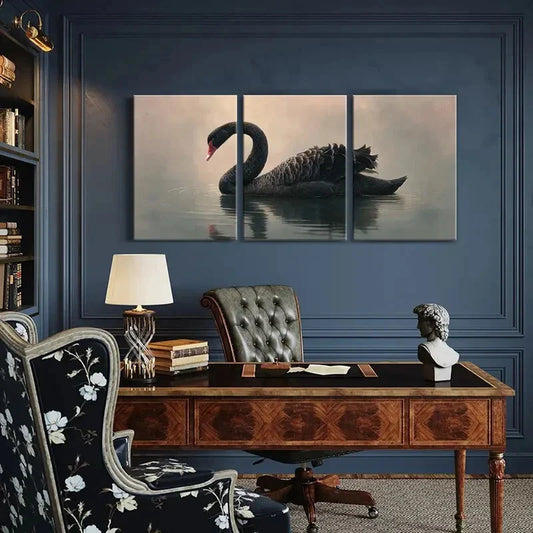 3pcs Black Swan Graceful Pose Water Reflection Metal Print Ready to Hang Art