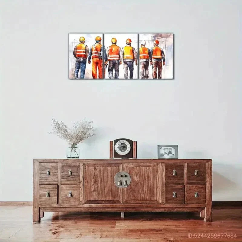 3pcs Architectural Wall Art with Helmeted Workers Metal Print Ready to Hang Art