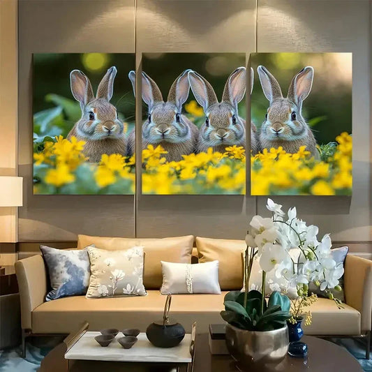 3pcs Adorable Rabbit Quartet in Yellow Wildflowers Metal Print Ready to Hang Art