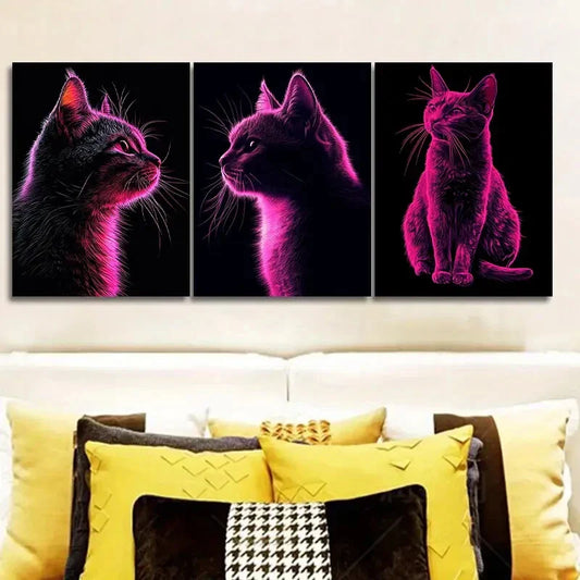 3pcs Vector illustration cat In Dark Background Wall Art Set Canvas Framed 40x60cm - High Quality Print 100% Australian Made Wall Canvas Ready to Hang