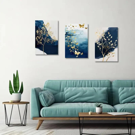 3pcs Abstract Gold Butterfly Tree Metal Print Ready to Hang Art