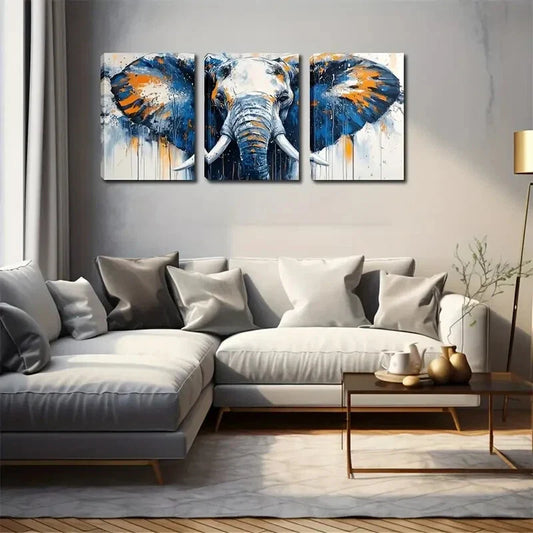 3pcs Vintage Elephant Vibrant Blue & Orange Metal Print Ready to Hang Art