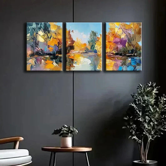 3pcs Luxurious Golden Abstract Landscape Metal Print Ready to Hang Art