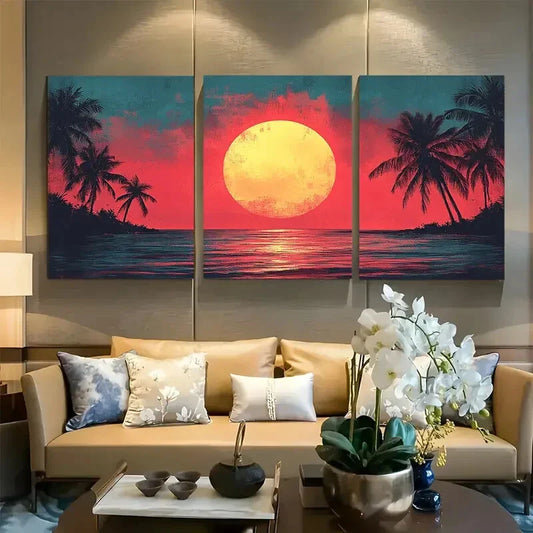 3pcs Palm Tree Sunset Pink Ocean Beach Metal Print Ready to Hang Art