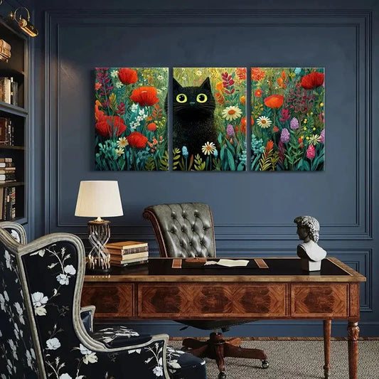 3pcs Black Cat & Vibrant Flowers Canvas Poster Metal Print Ready to Hang Art