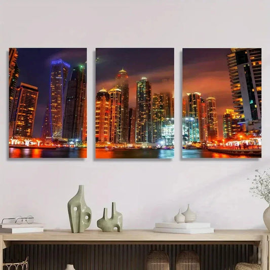 3pcs Dubai Skyline at Night with Lights Metal Print Ready to Hang Art