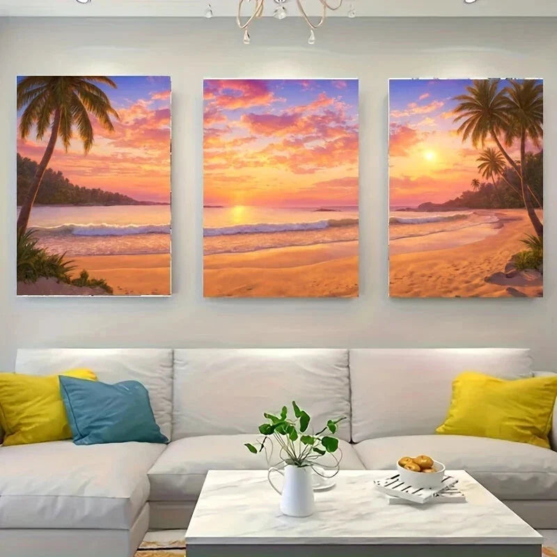 3pcs A Vibrant Sunset Over a Tropical Beach Metal Print Ready to Hang Art