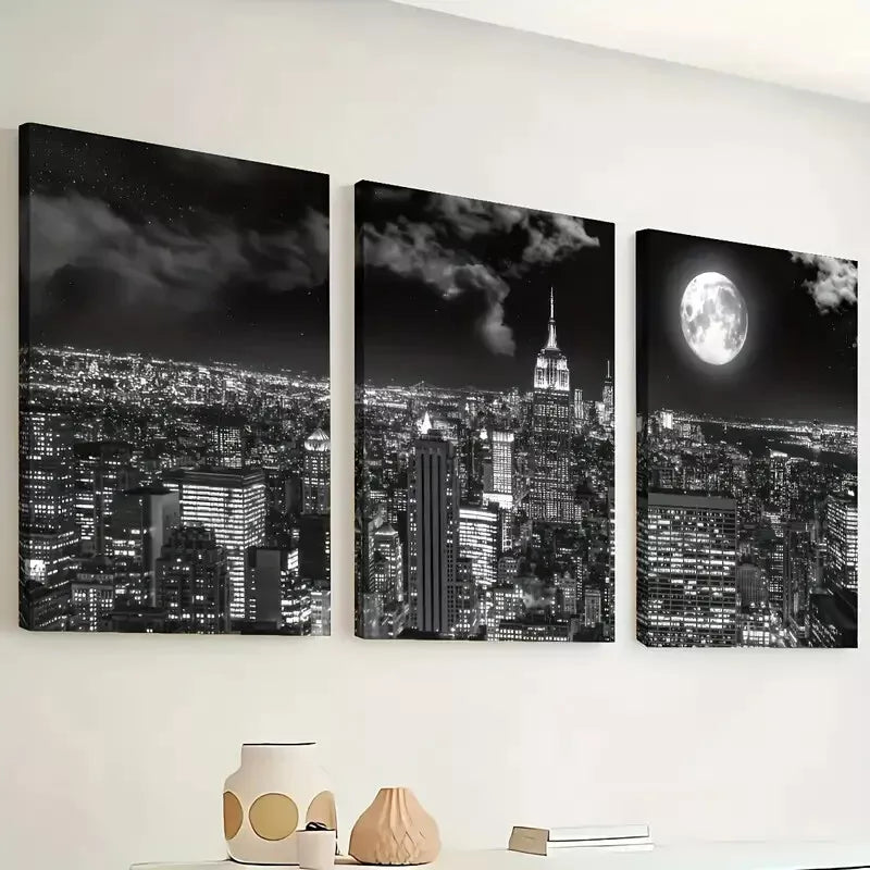 3pcs Black And White Night City Architecture Wall Art Set Canvas Framed 40x60cm - High Quality Print 100% Australian Made Wall Canvas Ready to Hang