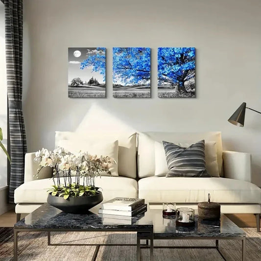 3pcs Blue Tree Moon Landscape with Vibrant Blue Hues Wall Art Set Canvas Framed 40x60cm - High Quality Print 100% Australian Made Wall Canvas Ready to Hang