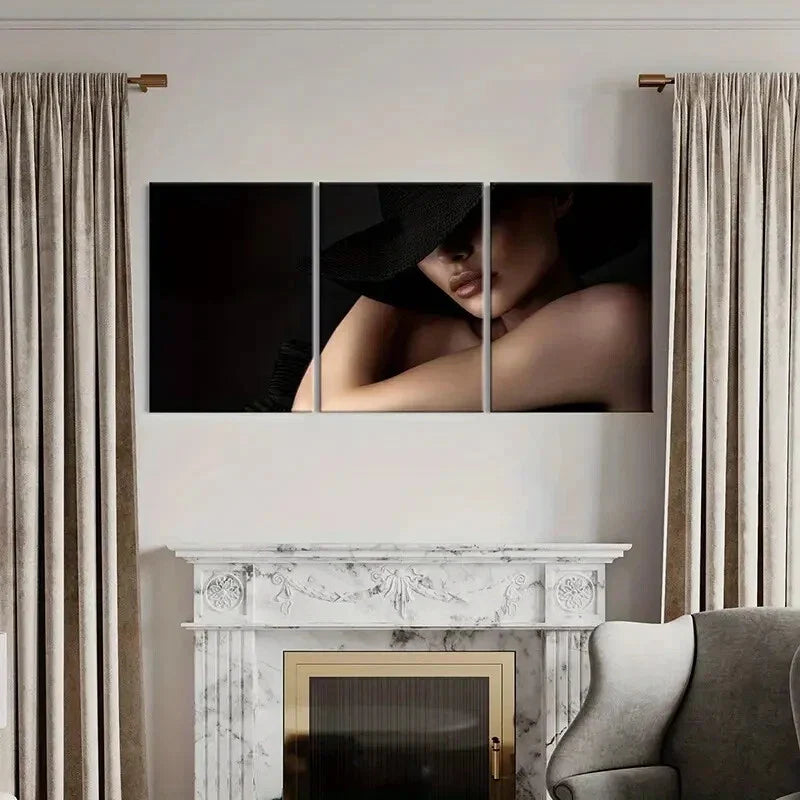 3pcs Elegant Woman, Black Hat, Mysterious Metal Print Ready to Hang Art